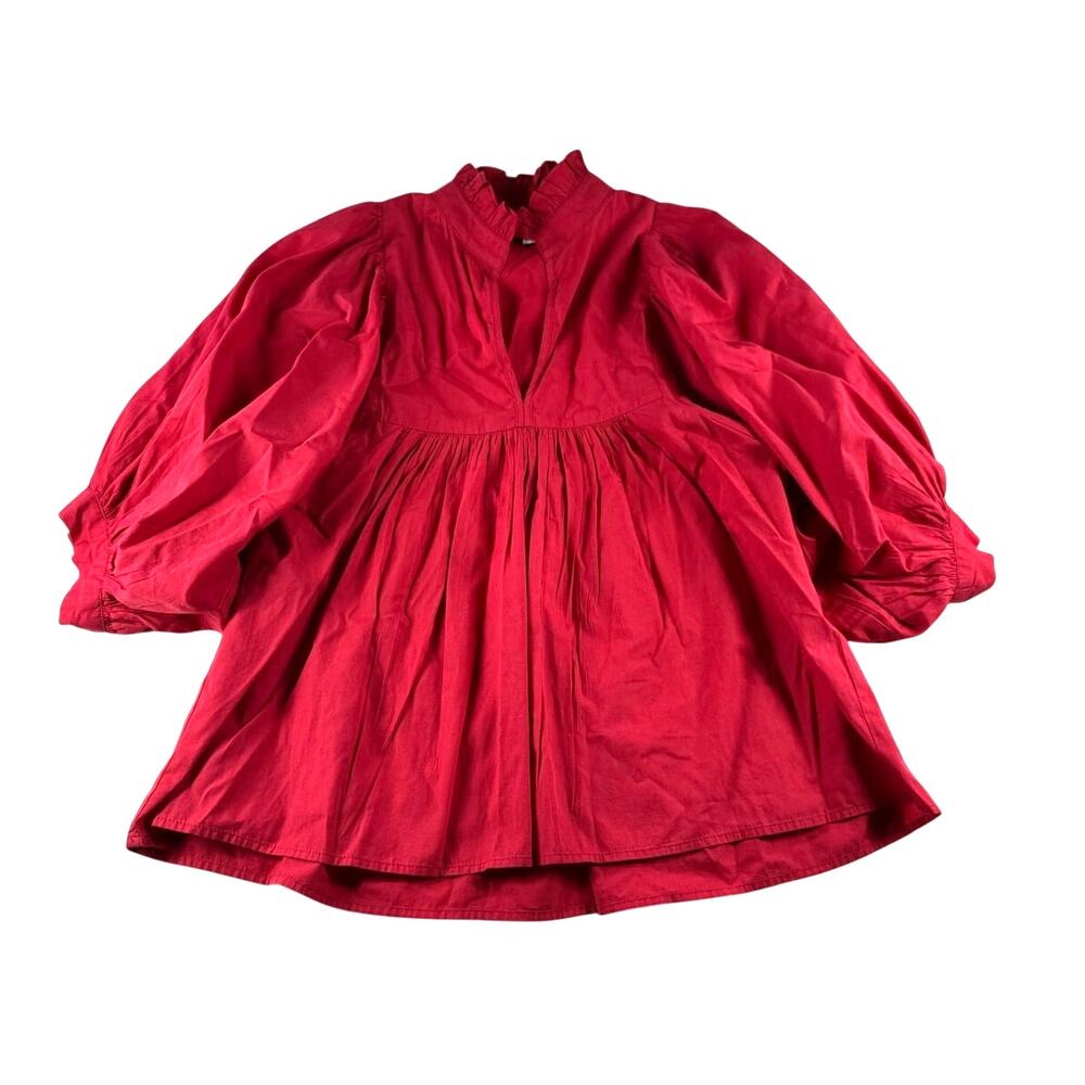 Never A Wallflower High Neck Top XS Red Cotton Poplin Blouse Puff Sleeves Boho